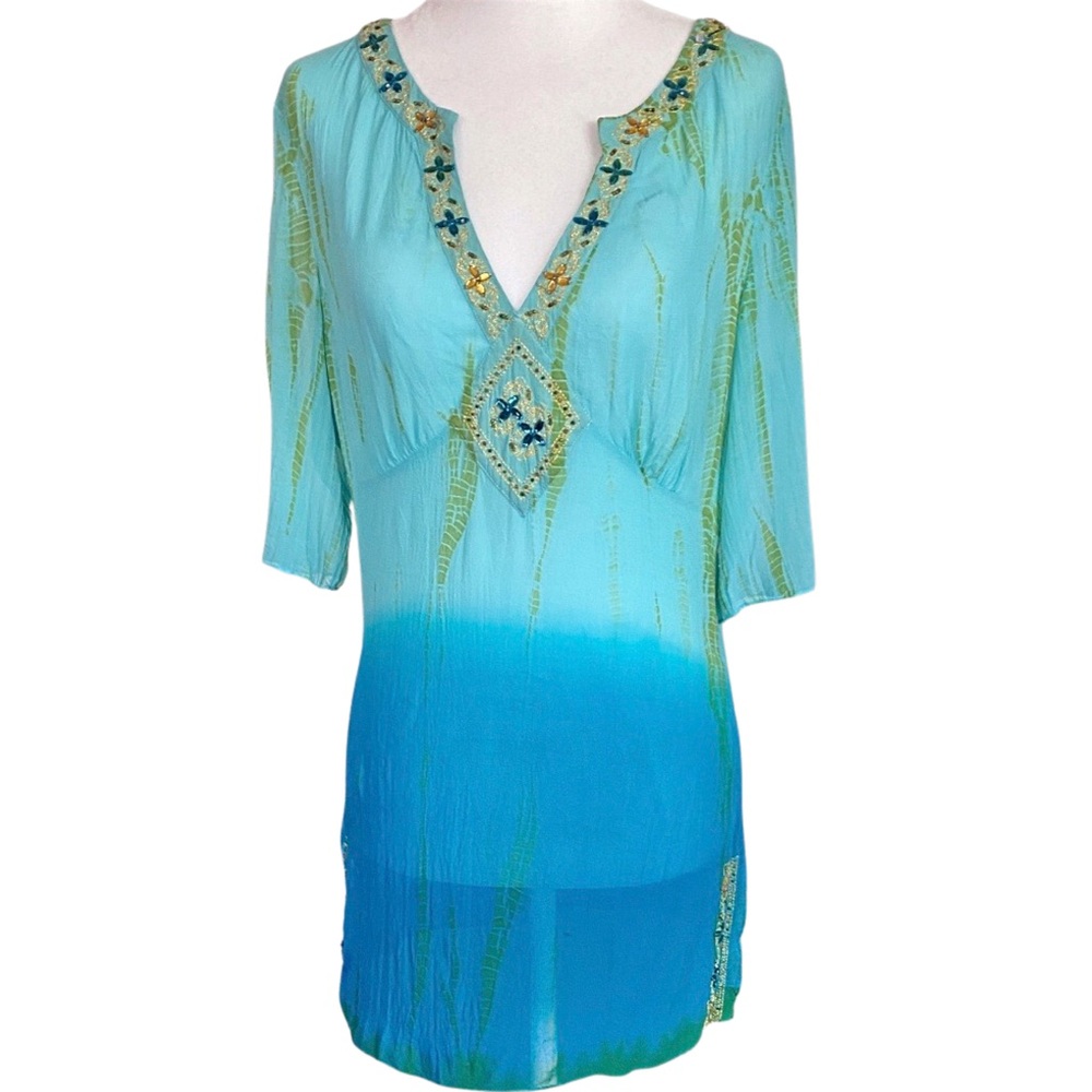 BEBE Sheer Blue Ombre Embellished Tunic Top‎
